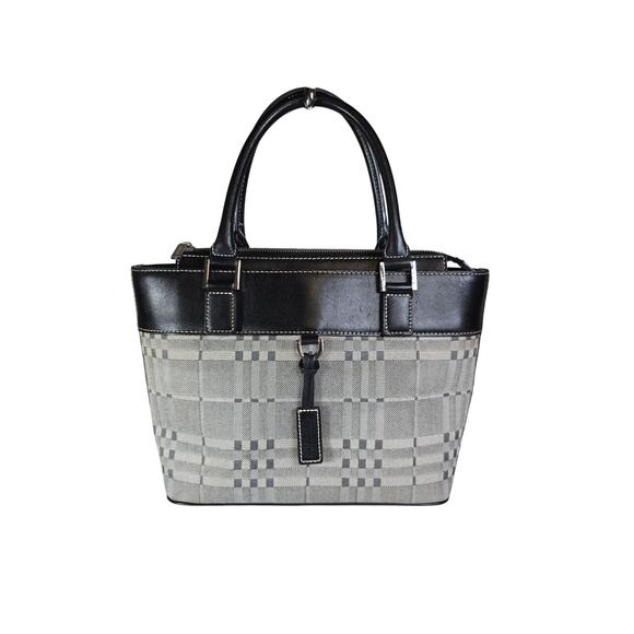 Burberry Zip Tote Grey/Black Cotton Check Handbag Leather Trim - Picture 1 of 6